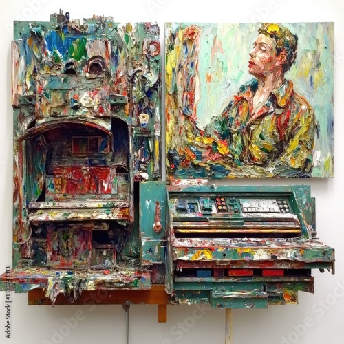 Colorful assemblage art, artist's studio, multifaceted, painting, portraits