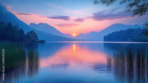 Wallpaper Mural Serene sunrise paints lake mountains pink blue hues Torontodigital.ca