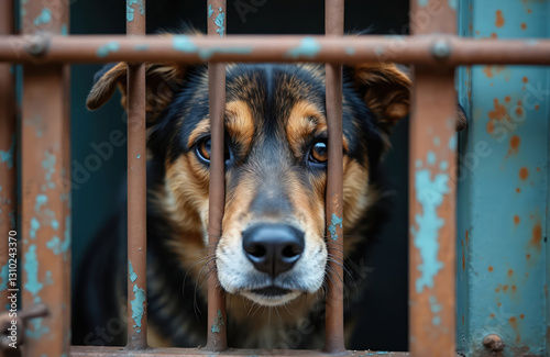 Homeless dog behind bars in cage looks with sad eyes. Concept of animal abuse, adoption. Shelter for pets with no home and family, mistreated dogs. Closeup of dog face. Animal portrait in captivity.