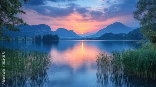Serene sunset over tranquil lake, majestic mountains.