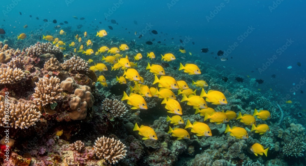 Fototapeta premium A dazzling underwater composition of schooling fish, their golden scales shimmering under the waves.