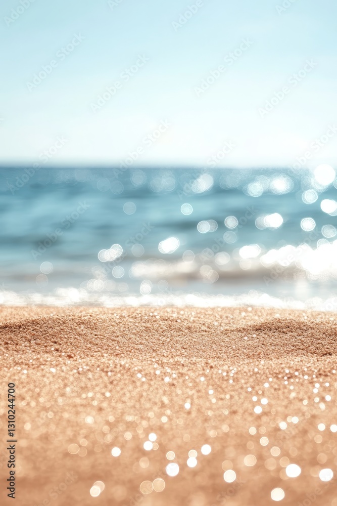 Abstract seascape blurred bokeh lights of tranquil sea and sky with focus on sandy foreground Abstract seascape blurred bokeh lights of tranquil sea and sky with focus on sandy foreground