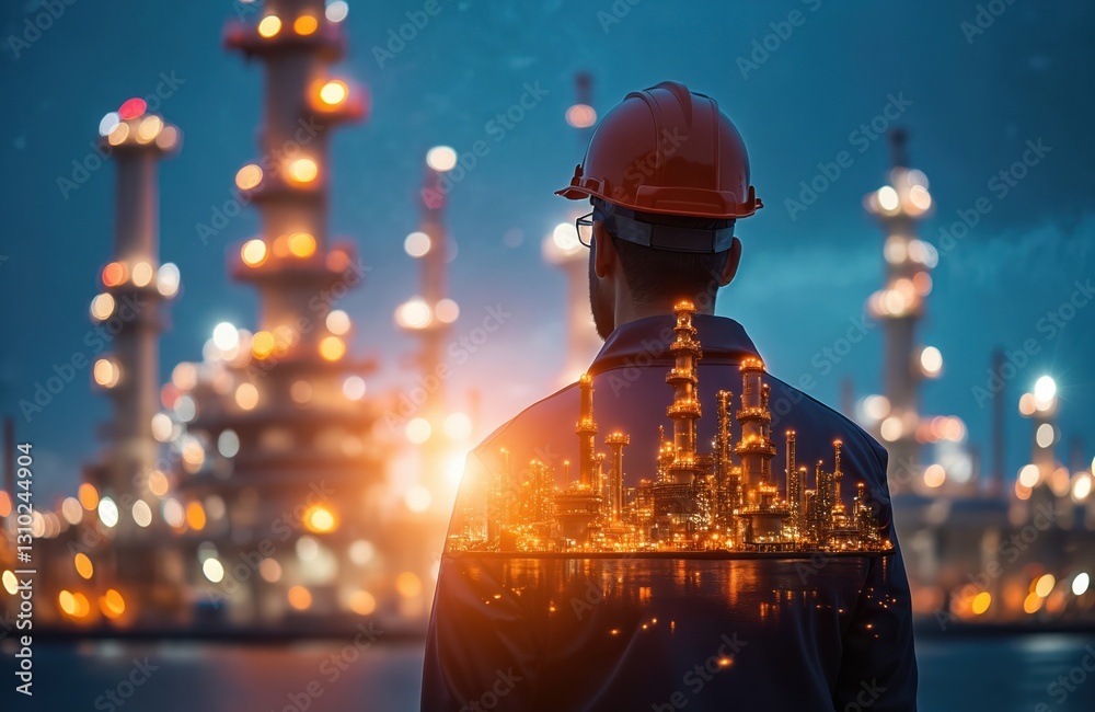 Rear view of engineer overseeing night petrochemical industry refinery plant with Industry 4. 0 concept. Oil, gas distillation production, smoke stacks on blurred background. Fuel, power generation,