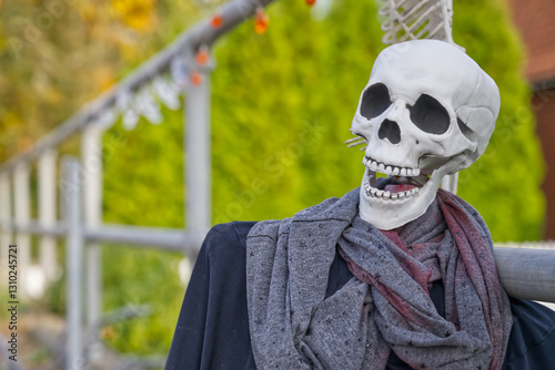 Festive Skeleton Decoration in Autumn Garden photo