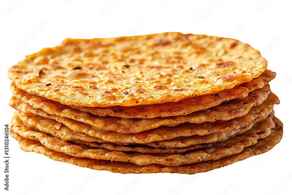 Crispy flatbreads stacked on a white surface showing texture and golden color Crispy flatbreads stacked on a white surface showing texture and golden color