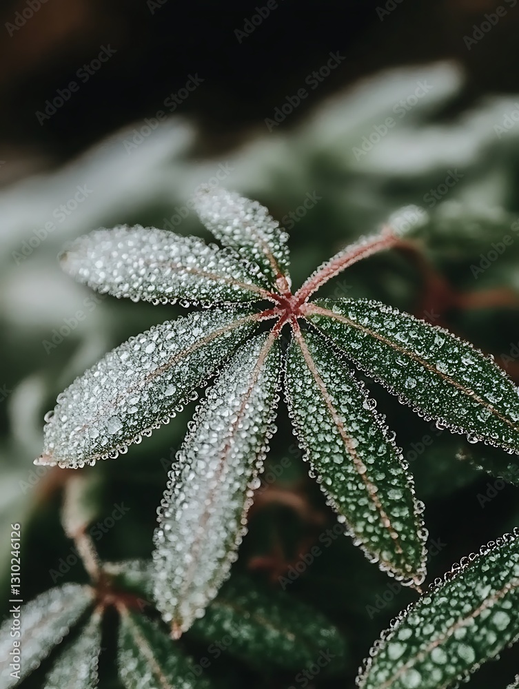 Intricate water droplets clinging onto the surface of vibrant green leaves Intricate water droplets clinging onto the surface of vibrant green leaves