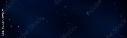 Night view with stars in the sky, dark blue gradient background, space with many planets with glittering luxury, transparent horizontal view. Art & Illustration