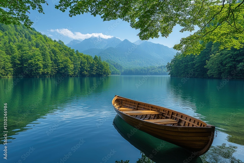 Obraz premium Serene mountain lake with wooden rowboat.