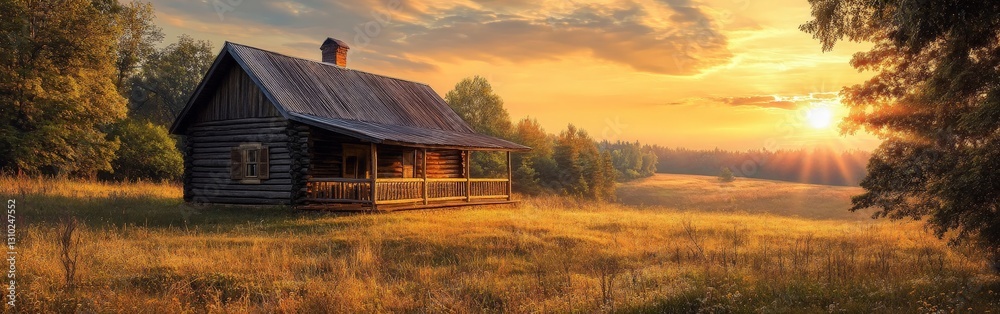 Cozy Log Cabin Surrounded by Nature at Sunset Cozy Log Cabin Surrounded by Nature at Sunset