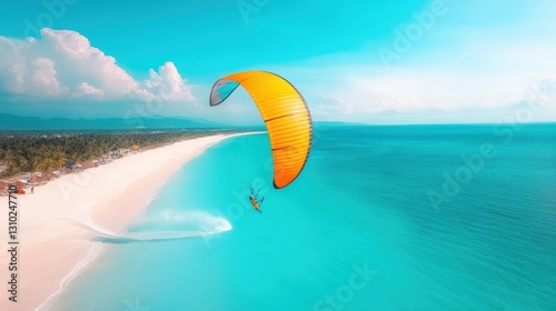 A paraglider soars above a beach with a vibrant blue ocean below.