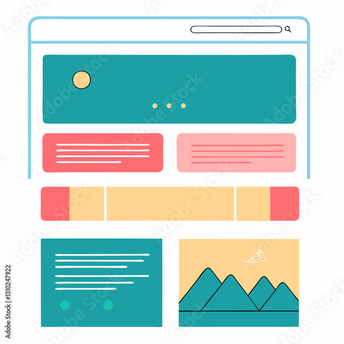 Colorful landing page icon layout with various sections, web design concept