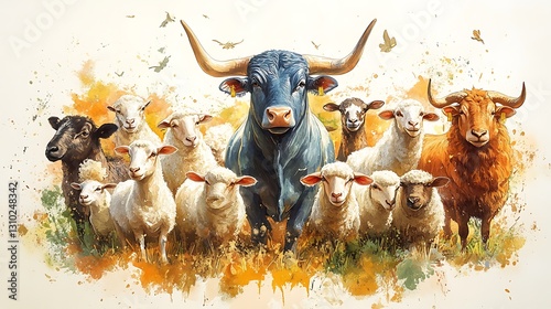 Artistic bull surrounded by a flock of sheep pictures