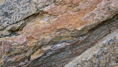 Layered sedimentary rock texture, background featuring warm orange and gray striations. The wavy layers indicate ancient geological processes, creating a natural pattern of compacted minerals