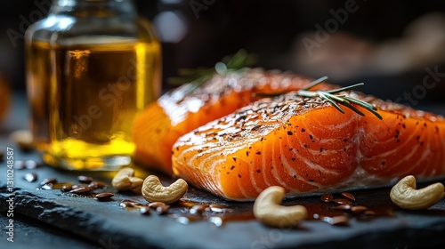 Fresh Salmon Fillets with Oil and Herbs on Slate photo