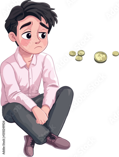 hand-drawn character, a broke man , money, broke, fired