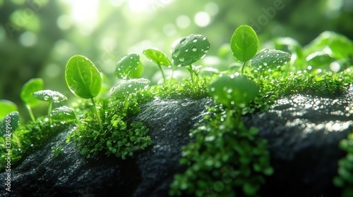 Fresh sprouts emerging on damp rock in sunlight