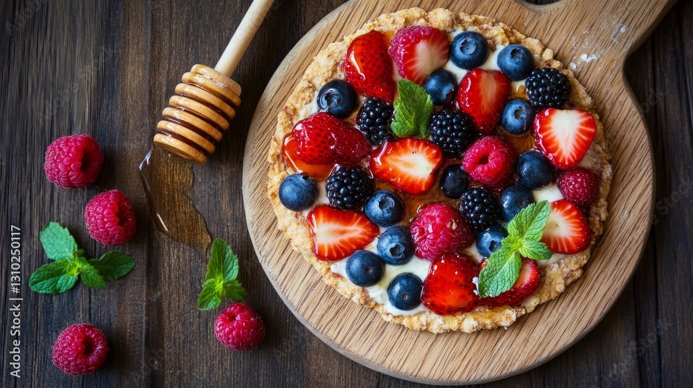 Fresh berry tart with honey drizzle and mint on wooden board Fresh berry tart with honey drizzle and mint on wooden board