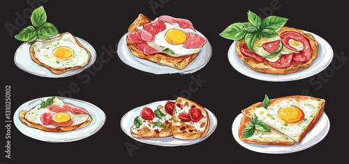 set of hand-drawn breakfast of eggs