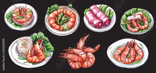 set of hand-drawn shrimp dishes