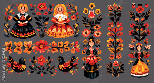 set of Russian folklore drawings, hand drawn