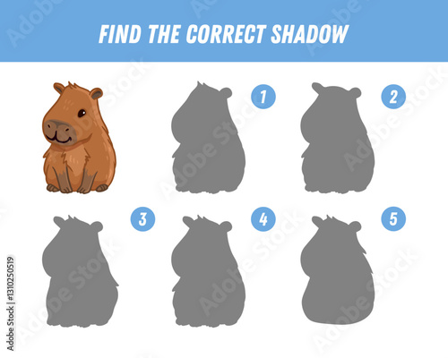 Find correct shadow of cute cartoon capybara. Educational logical game for kids. Funny animal. Vector illustration