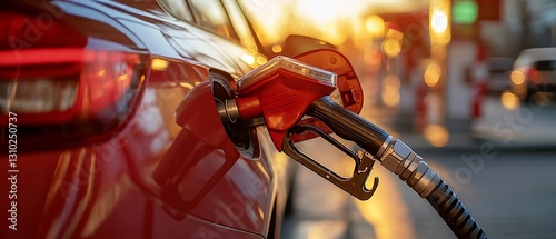 Red car fueling sunset gas station