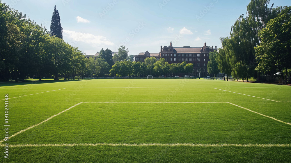 Fototapeta premium Spacious University Campus Rugby Field with Lush Green Turf and Open Space for Games or Events, Featuring Expansive Area for Text Addition