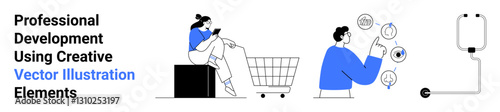 Woman shopping via smartphone with cart, man brainstorming innovative ideas with icons, and IV pole. Ideal for creativity, e-commerce, brainstorming, innovation, healthcare, growth mindsets flat