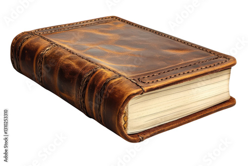 Vintage leather-bound book with intricate detailing on the cover resting on a flat surface