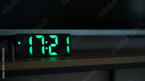 Tablou pe pânză Green digital clock displaying time, placed next to a television