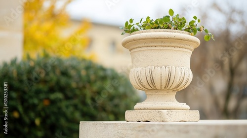 Decorative Stone Planter with Green Plant in Outdoor Garden Setting