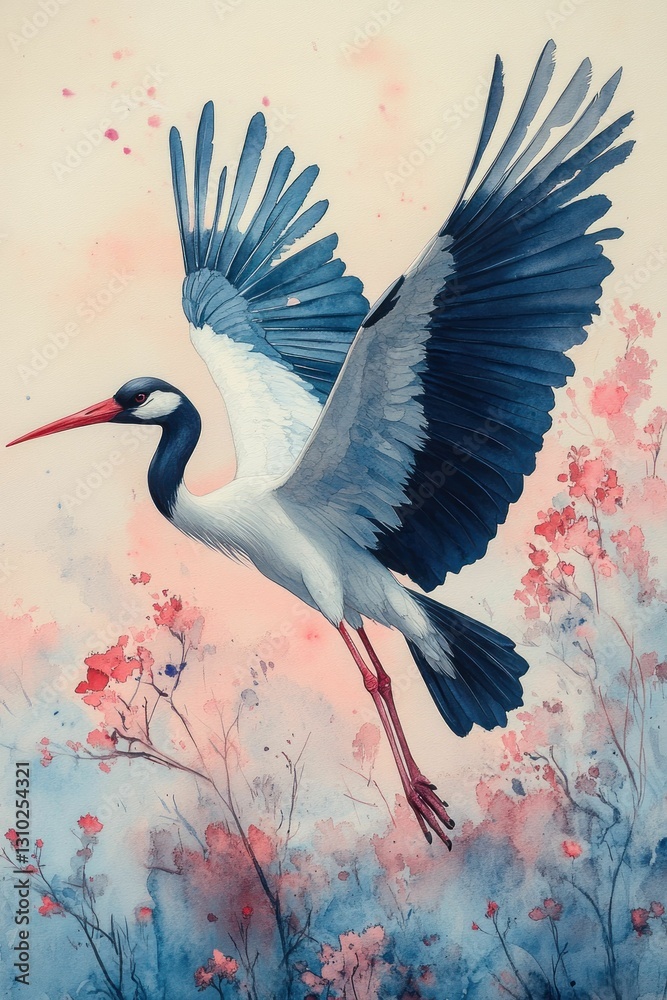 Fototapeta premium Elegant blue stork soars above pink blossoms.