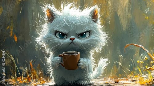 Cute cat holding coffee cup in autumn forest.  Possible use for greeting cards, posters, or merchandise