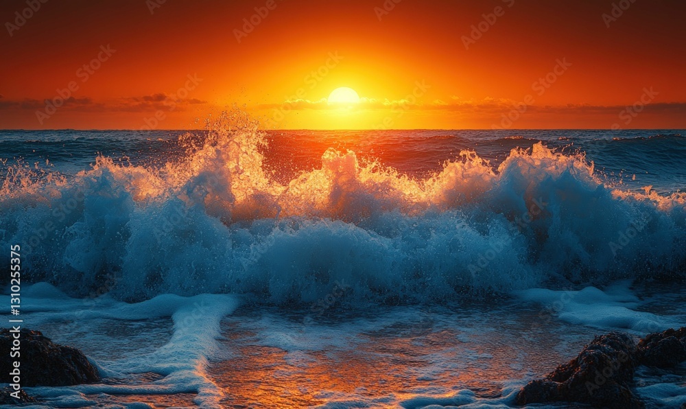 Fototapeta premium Ocean waves crash at sunset fiery sky