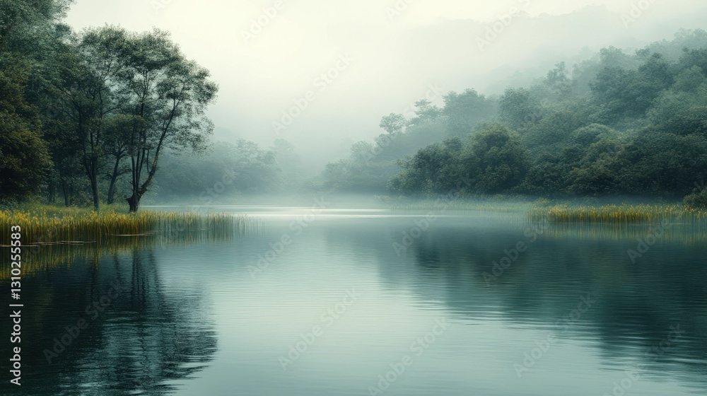 Serene misty lake reflecting tranquil forest. Serene misty lake reflecting tranquil forest.