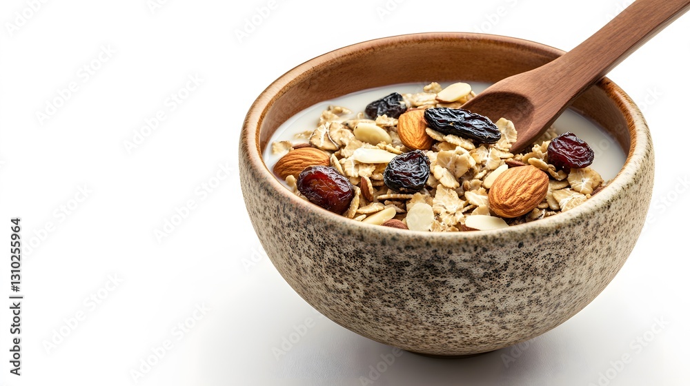 Realistic bowl of muesli with mixed nuts, dried fruits, & almond milk, served in a rustic ceramic bowl & a wooden spoon, white background Realistic bowl of muesli with mixed nuts, dried fruits, & almond milk, served in a rustic ceramic bowl & a wooden spoon, white background