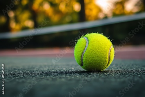 Close-up shot of a yellow tennis ball on a hard court photo