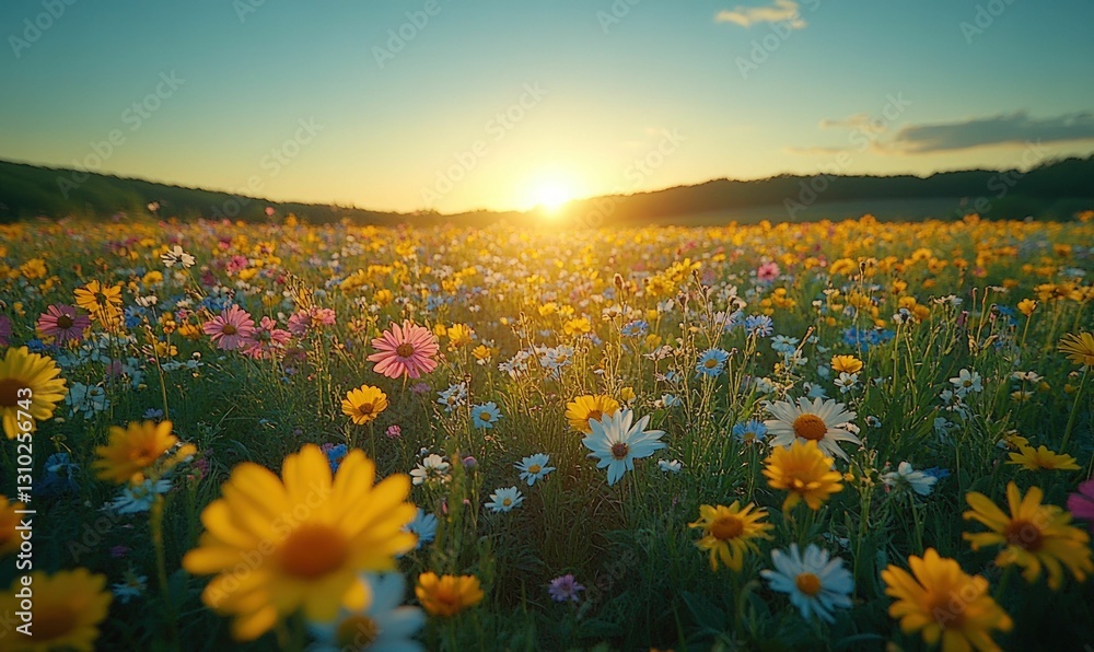Fototapeta premium Sunset illuminates vibrant wildflowers in a meadow.