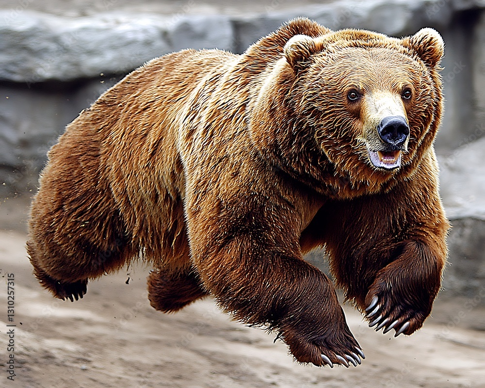 Obraz premium Brown bear leaping, zoo enclosure