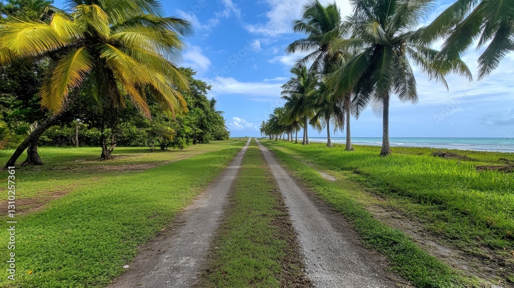 Dirt road lined with palm trees and grass, creating a serene and natural landscape. Dirt road lined with palm trees and grass, creating a serene and natural landscape.
