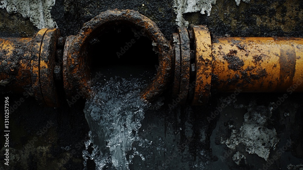 Rusty pipe leaking water, urban decay backdrop Rusty pipe leaking water, urban decay backdrop