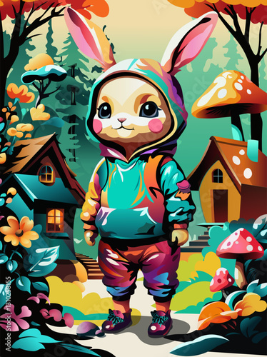 Cute cartoon rabbit in the costume with houses