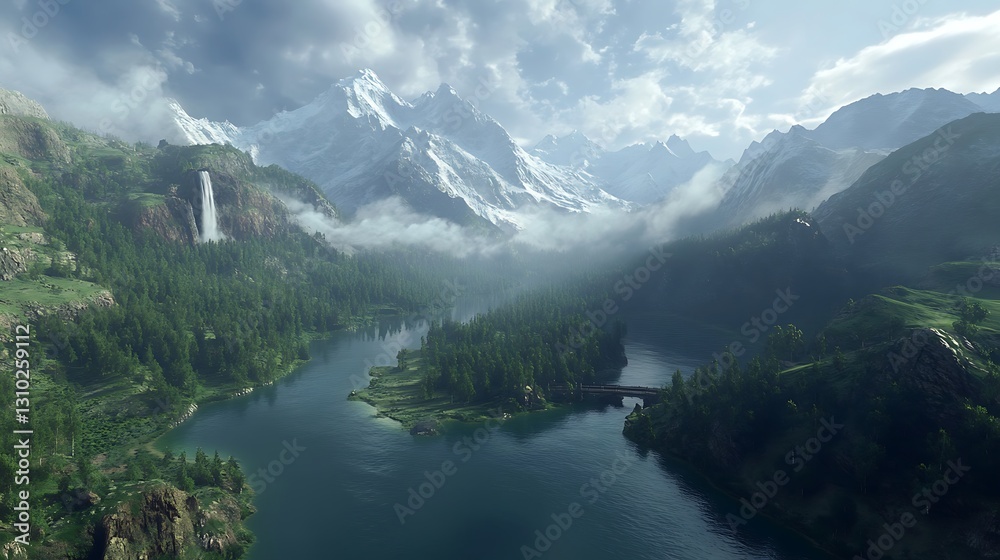 Mountain Valley Lake with Waterfall Mountain Valley Lake with Waterfall