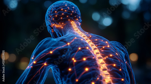 Detailed view of a human figure showcasing nervous system illumination