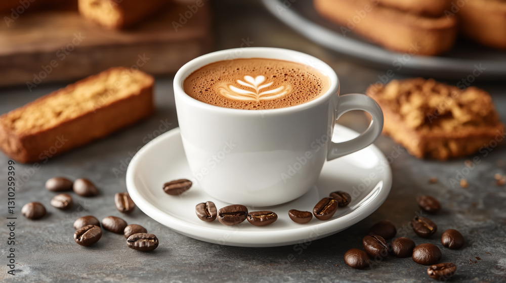 Freshly brewed coffee with elegant latte art accompanied by biscuits arranged on a rustic table Freshly brewed coffee with elegant latte art accompanied by biscuits arranged on a rustic table