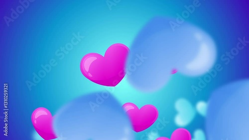 Bright hearts falling on blue background. Hearts video layout. Holiday video background. 
