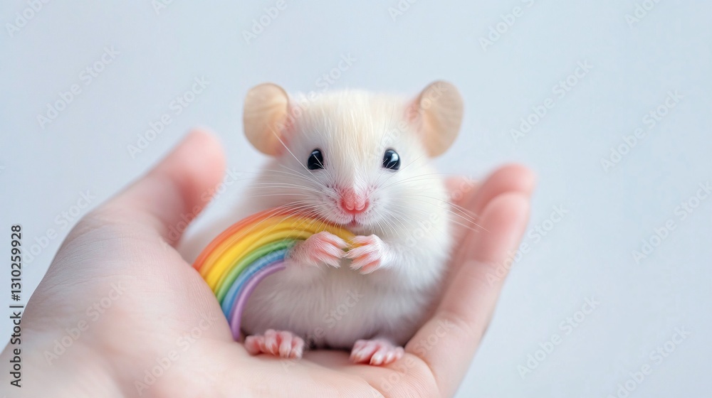 Mouse holding a rainbow, soft colors, minimal style, white background Mouse holding a rainbow, soft colors, minimal style, white background