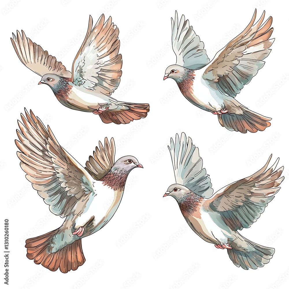 Doves flying gracefully, their wings spread wide in mid-flight The doves are isolated on white background Doves flying gracefully, their wings spread wide in mid-flight The doves are isolated on white background
