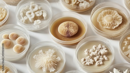 Diverse fungal growths in petri dishes showcase unique morphologies and textures.