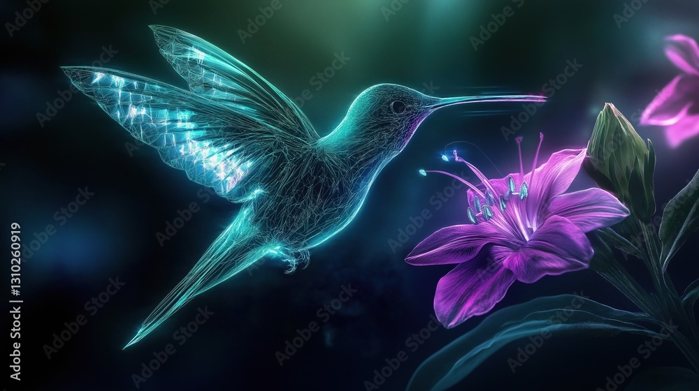 Fototapeta premium A glowing holographic hummingbird hovers near a vibrant neon flower, creating a futuristic and surreal scene with intricate digital light patterns and an ethereal atmosphere